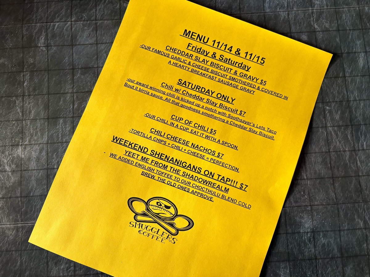 SmugglersCoffee's tweet photo. It’s Magic the Gathering’s Avatar pre release day at the Cantina! We’ve only got 1 box of boosters, so crack a pack and play casual commander! Spells start slinging at 10am!
We’re serving up our house chili and Cheddar Slay biscuits &amp; gravy. Come hungry and get caffeinated! https://t.co/2jN1G8CqTI