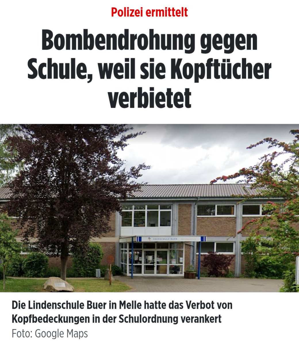 • Schule:
Untersagt das Tragen von Kopfbedeckungen inkl. Kopftüchern

• "Radikale": 
Schicken Bombendrohung an die Schule

• SPD-Bürgermeisterin: "Unsere Stadtgesellschaft ist bunt und vielfältig, dazu gehört auch die freie Ausübung der Religionsfreiheit."

Tjo.