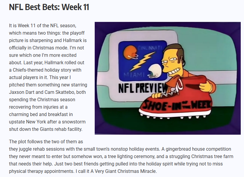 How many times have you seen Hallmark Christmas movies tied into an NFL betting column? NFL Best Bets: Week 11 | Gridiron Experts