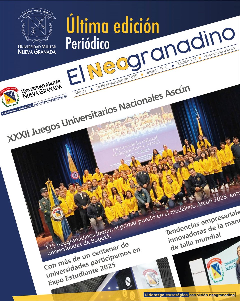 ¡Ya puedes leer la nueva edición del Periódico Neogranadino!✨

En esta entrega recopilamos los hitos que marcaron este mes: iniciativas, actividades, logros y momentos que reflejan la esencia de nuestra comunidad.

noticias.umng.edu.co/periodico-digi…

#Neogranadinos.💙💛
