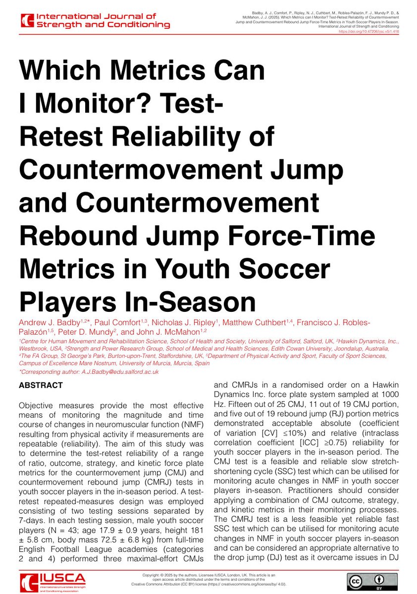 andy_badby's tweet photo. Interesting new study on the reliability of CMJ metrics using different test–retest conditions! 🚀
Shame our recent study on the same test, same population, and in the same @IUSCA journal wasn’t worthy of a mention! 🧐
No prizes for guessing why 🤷♂️
#SportsScience #ForcePlates https://t.co/2WITWtinXg