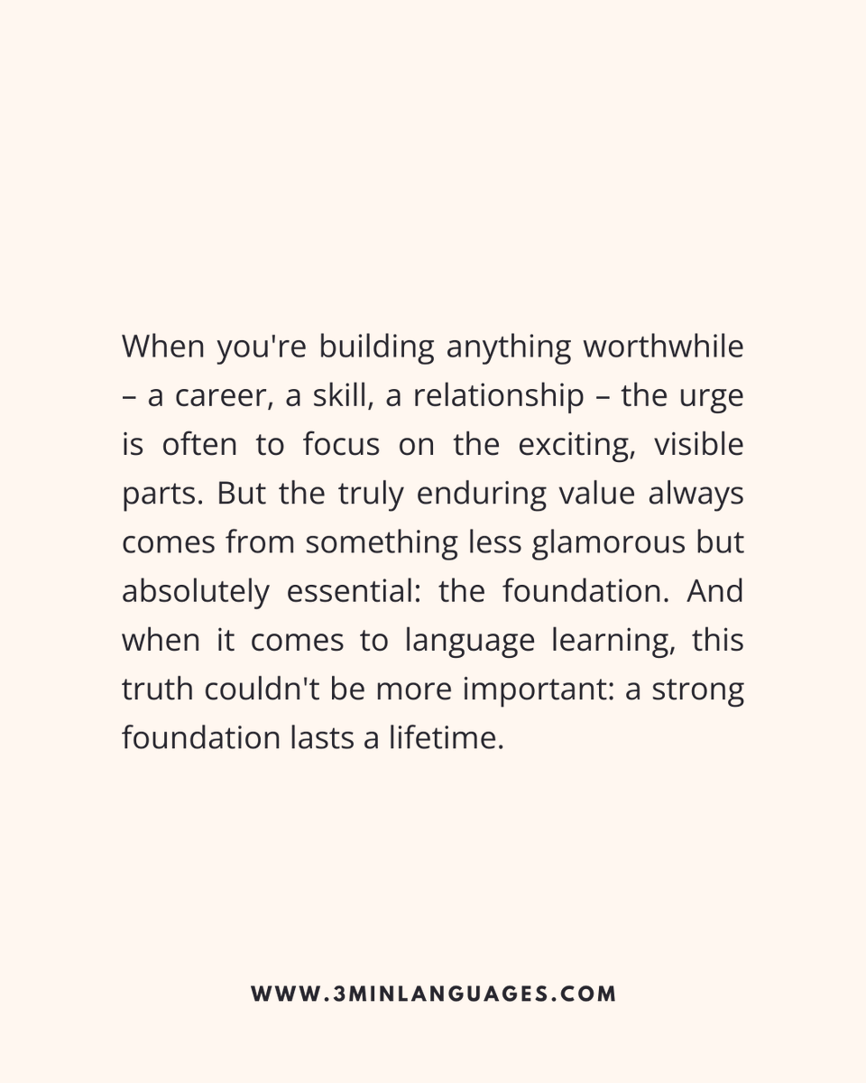 3MLanguages's tweet image. Foundations last a lifetime.
 Master basics, then soar.
 👉 Build your base: 3minlanguages.com

#3MinuteLanguages #StudyIn3 #LanguageLearning #MicroLearning #Consistency #LearnFrench #LearnSpanish #LearnGerman #LearnItalian #LearnPortuguese