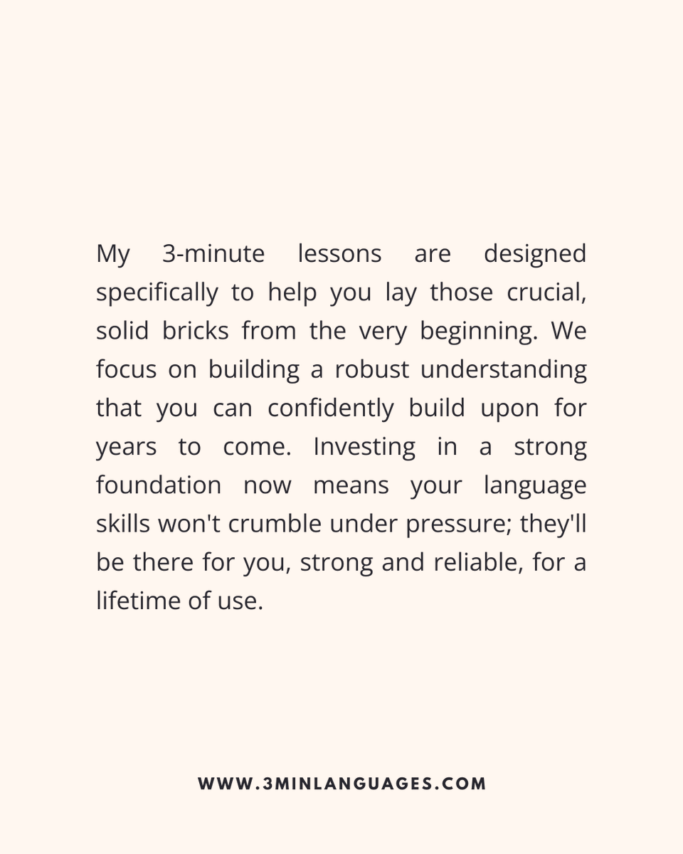 3MLanguages's tweet image. Foundations last a lifetime.
 Master basics, then soar.
 👉 Build your base: 3minlanguages.com

#3MinuteLanguages #StudyIn3 #LanguageLearning #MicroLearning #Consistency #LearnFrench #LearnSpanish #LearnGerman #LearnItalian #LearnPortuguese
