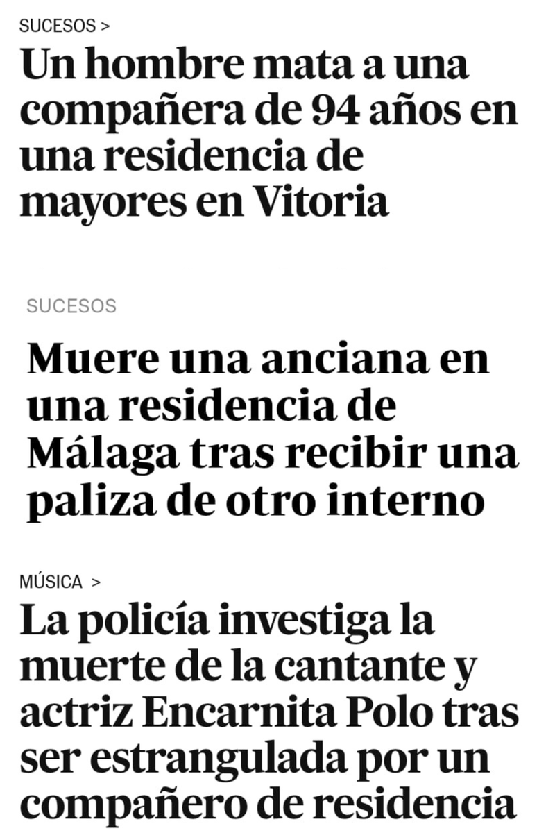 Al menos TRES ancianas asesinadas en un año por "compañeros" de residencia.

Ninguna de ellas formará parte del recuento de víctimas de #violenciamachista de <a href="/IgualdadGob/">Ministerio de Igualdad</a> 

Las mujeres y las niñas más vulnerables están abandonadas por las instituciones que deberían protegerlas.
