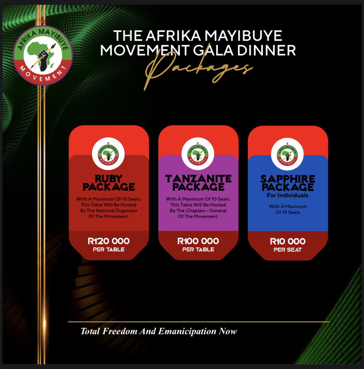 FloydShivambu's tweet photo. The Fundraising Gala Dinner of Afrika Mayibuye Movement will be on Friday the 28th of November 2025 in Johannesburg. We appreciate the fact that everyone knows about the Gala Dinner now and all the Tables will be sold! We know what we are doing and haven’t got even the slightest of doubts! It is Total Freedom and Emancipation NOW! Mayibuye iAfrika! 🙌🏿🙌🏿🙌🏿