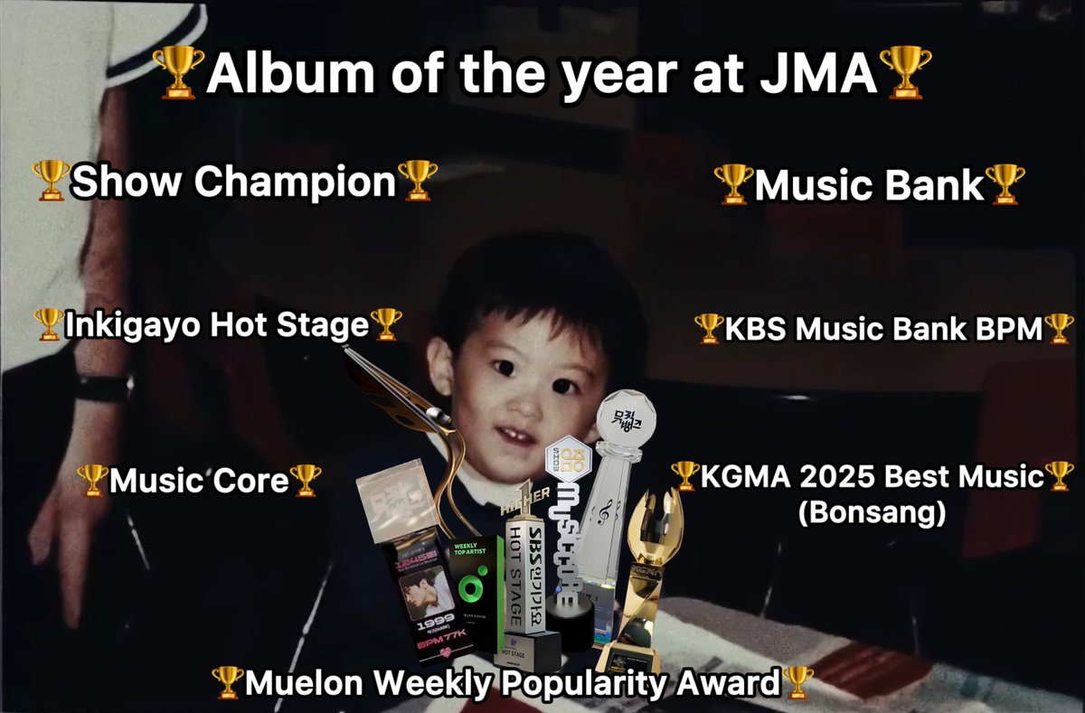 เดบิ้วในฐานะศิลปินเดี่ยวครั้งแรก

Music Core✅

Music Bank✅

Show Champion✅

Inkigayo Hot Stage✅

KBS Music Bank BPM✅

Album of the year at JMA✅

Muelon Weekly Popularity Award✅

KGMA 2025 Best Music (Bonsang✅