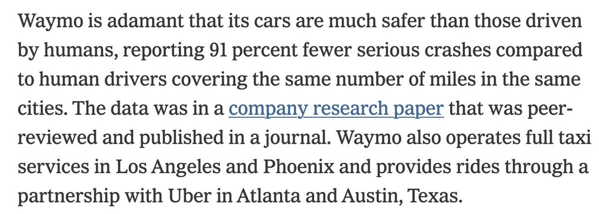 binarybits's tweet image. NYTimes article quotes someone saying they are &quot;terrified&quot; of Waymo in paragraph 6. Waits until  paragraph 33 (out of 44 paragraphs) to mention that they are 91 percent safer than human drivers. How outraged would liberals be if a news outlet covered vaccines like this?