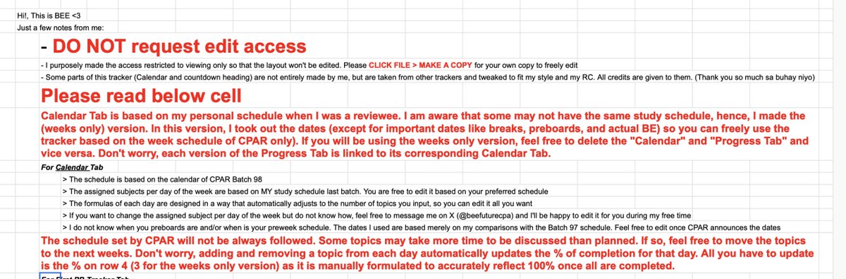 beefuturecpa's tweet image. As requested🌟

𝘾𝙋𝘼𝙍 𝙏𝙧𝙖𝙘𝙠𝙚𝙧 𝙛𝙤𝙧 𝙈𝙖𝙮 2026

Link: docs.google.com/spreadsheets/d…

Please read the notes!

&amp;gt; I made a &quot;weeks only&quot; version for those who do not have the same study schedule as I did
&amp;gt; Again, PLEASE do not edit and make a copy only
&amp;gt; Other colors to follow