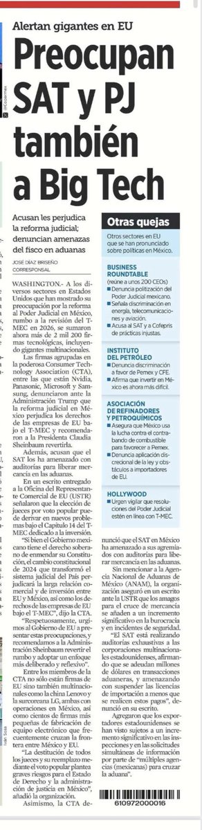 Marangeles29's tweet image. #PoderJudicial. #TMEC. #Inversión. “La destitución de todos los jueces y su reemplazo mediante el voto popular plantea graves riesgos para el #EstadoDeDerecho y la administración de justicia en México”, dijo la Consumer Technology Association (CTA). 

“Si bien el Gobierno…