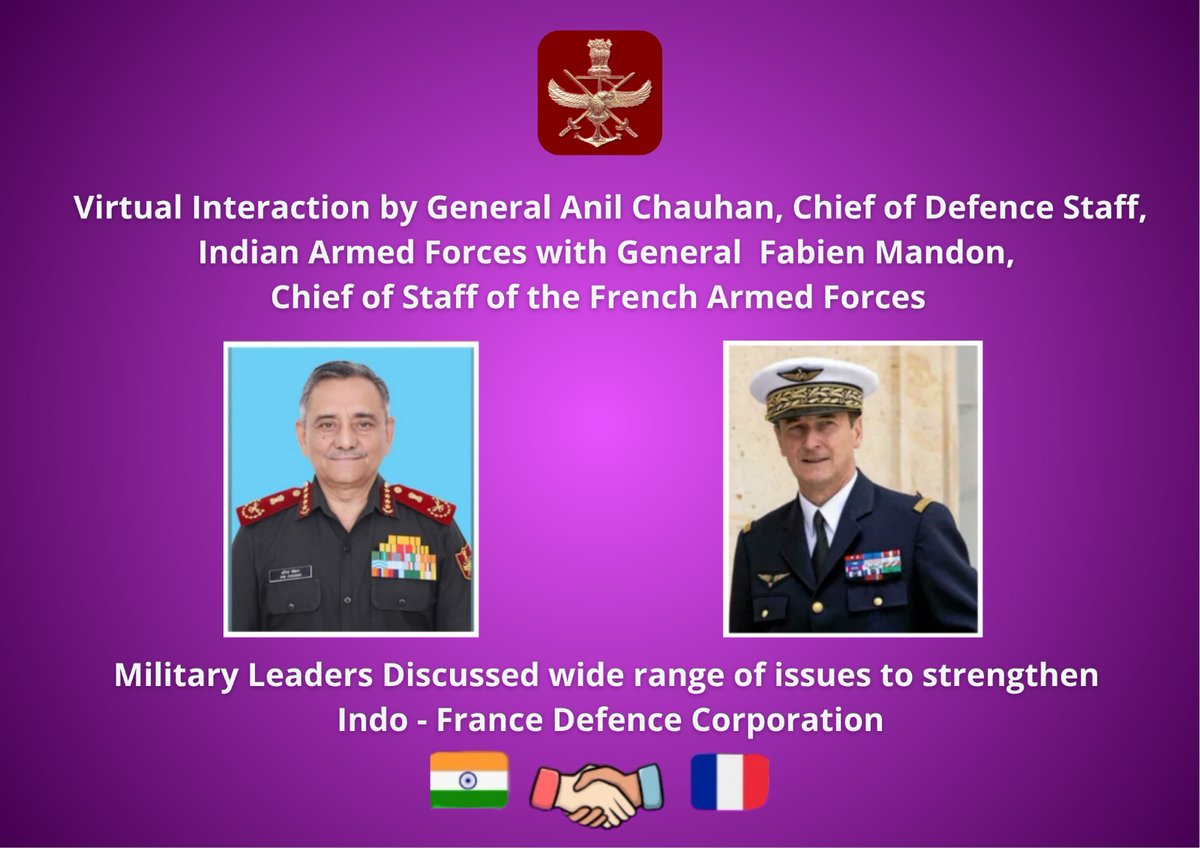 prodefencejammu's tweet image. General Anil Chauhan, Chief of Defence Staff #CDS engaged in productive discussions with General Fabien Mandon, Chief of Staff of the French Armed Forces, to advance India-France strategic defence partnership. Key focus areas included implementing #Horizon2047 vision,…