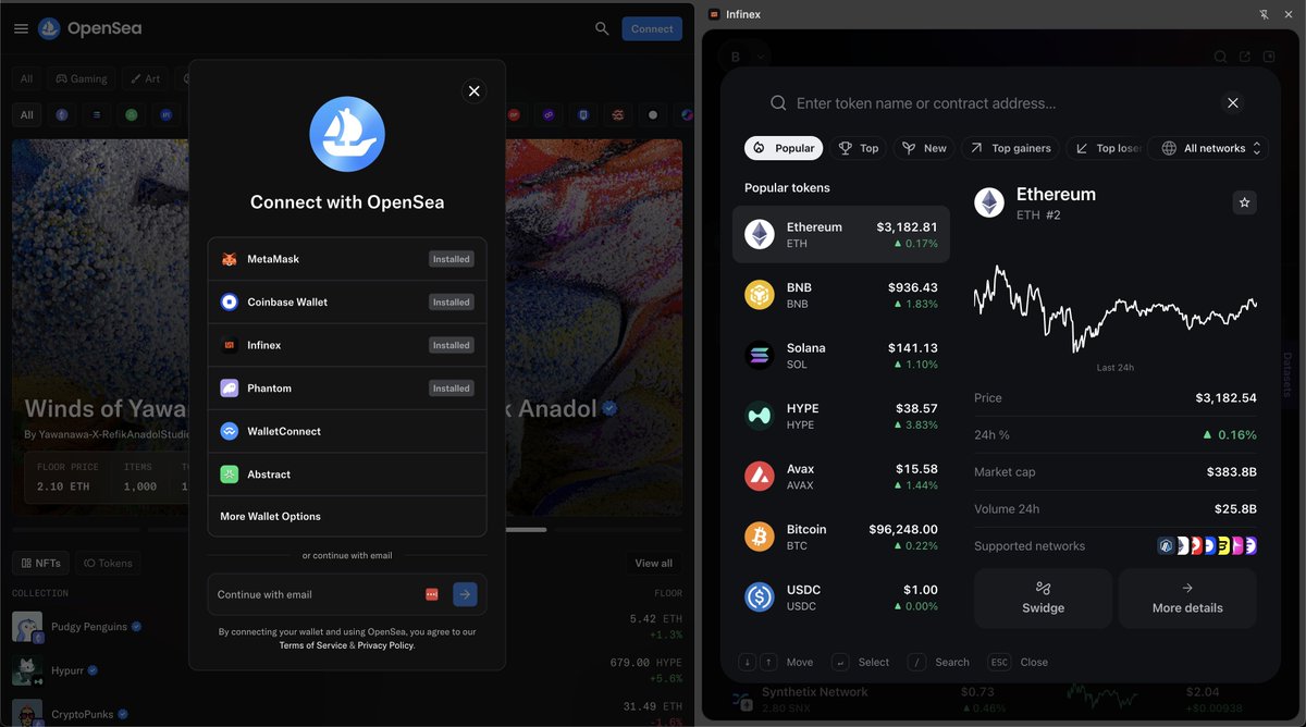 Next on the <a href="/infinex/">Infinex</a> extension devlog is the ability to search through tokens by popularity, gainers, top tokens with filters for networks etc...

Quick bonus if you open in sidepanel and expand it, you get more info like charts, market cap volume etc..

The ticker is $INX