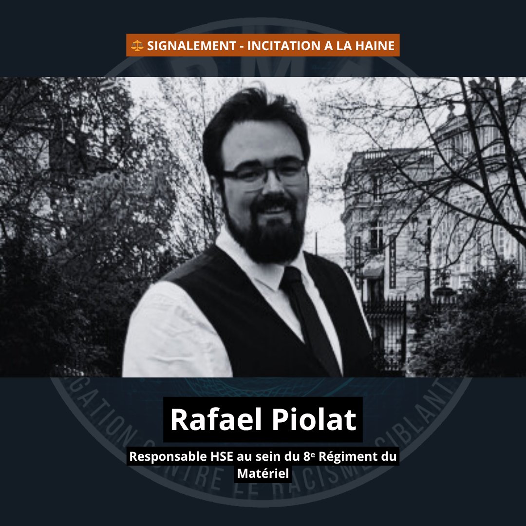Virmag_'s tweet image. ⚖️ SIGNALEMENT - Rafael Piolat (@drugnur), responsable HSE au @8eRMAT, tient publiquement des propos racistes et haineux visant les Maghrébins et les Musulmans.

Ces agissements, contraires à la loi et à ses responsabilités, constituent une menace pour les communautés visées.