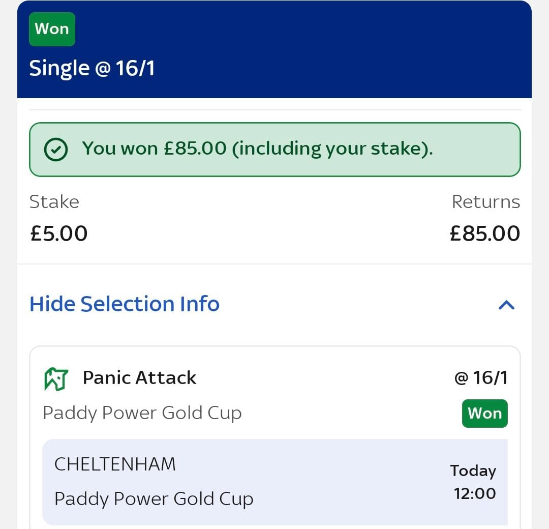 WWWoodzy92's tweet image. MASSIVE RACING SERVICE WINNER 😍

Panic Attack 16/1 🥇✅️

Tipped ante post back in October and what a price 👏🏻 

2pt win at 16/1 returned 34pts 💰💰

It pays to be in the racing service!

Also mentioned in my @BetCoUK article 

What a Saturday 🔥🔥🔥🔥🔥

HARRY WE LOVE YOU ❤️