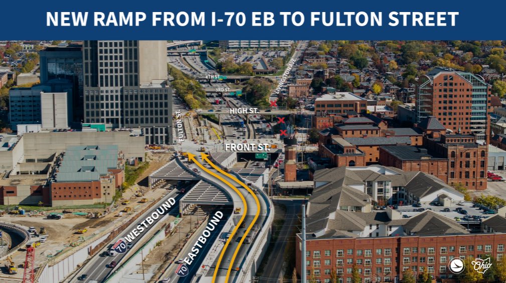 Good news!!😁

The new I-70 eastbound ramp to Fulton St. and the Front St. bridge are now OPEN! 

This two lane ramp will serve as an entrance to downtown. With this ramp opening, the I-70 EB ramp to Livingston Ave. closed permanently due to proximity.
