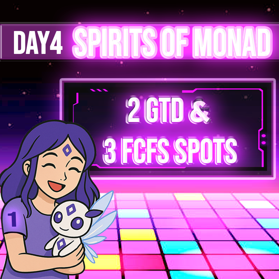 🎉 Partners Party: 7 Days - 7 Surprises!

👊👊 Day 4 x <a href="/SpiritsOfMonad/">Spirits of Monad</a>

🎁 Rewards Up for Grabs:
• 2 GTD Spots
• 3 FCFS Spots

How to join:
1️⃣ Follow <a href="/Monad_Insights/">Monad Insights ⨀</a>, <a href="/SpiritsOfMonad/">Spirits of Monad</a> &amp; <a href="/Jasmie_Eth/">Jasmie 💜</a>
2️⃣ Like &amp; RT this post 💫
3️⃣ Join Spirits of Monad Discord: