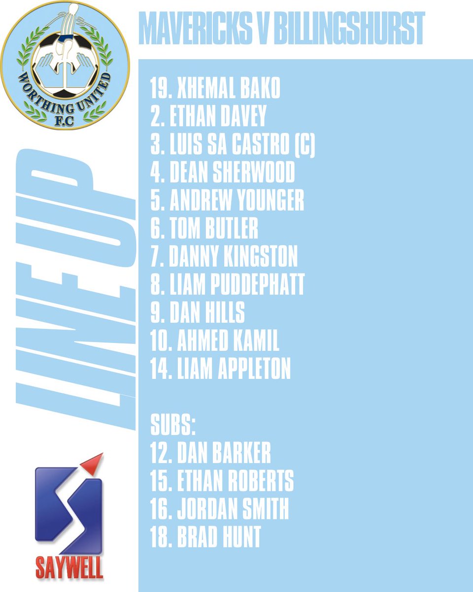 TEAM NEWS ⚽️

Here’s how we line up for today’s <a href="/TheSCFL/">Premier Sports The SCFL</a> Division One match with <a href="/Billingshurstfc/">Billingshurst FC</a>…

⭐️ New signing Jordan Smith is straight into the squad. 

🧢 Skipper Luis Sa Castro and returns to the starting XI. 

👊 Dan Hills starts in place of Ethan Roberts. 

#Mavericks