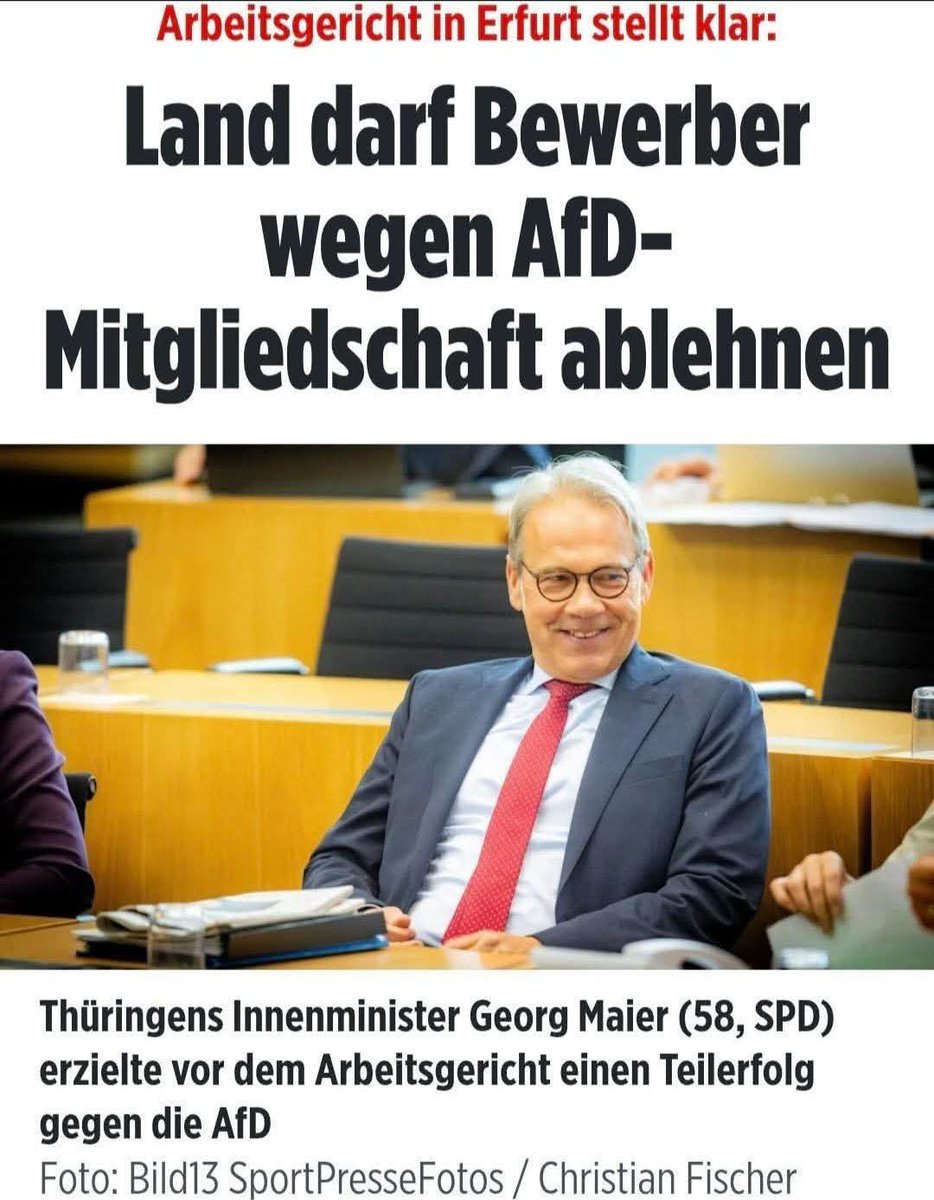 Soviel zum Grundgesetz Artikel 3 Abs. 3
"Niemand darf wegen seiner politischen Einstellung........"!
Kennt das Erfurter Gericht diesen Absatz nicht?