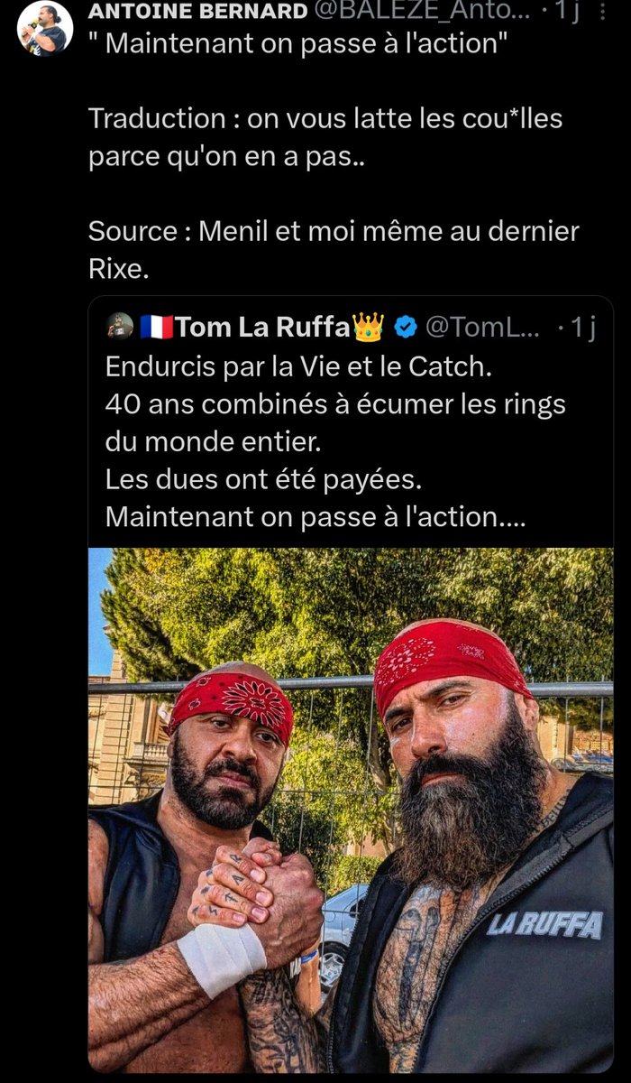 D'un côté on a une référence internationale du Catch indépendant.

De l'autre Antoine Bernard, pleurnicheur, à l'image de toute sa clique supportrice de sans-cou*lles mange-m*rdes sur X/Twitter.

Sans débat possible.
Les Vrais reconnaissent les Vrais.

Ahou.