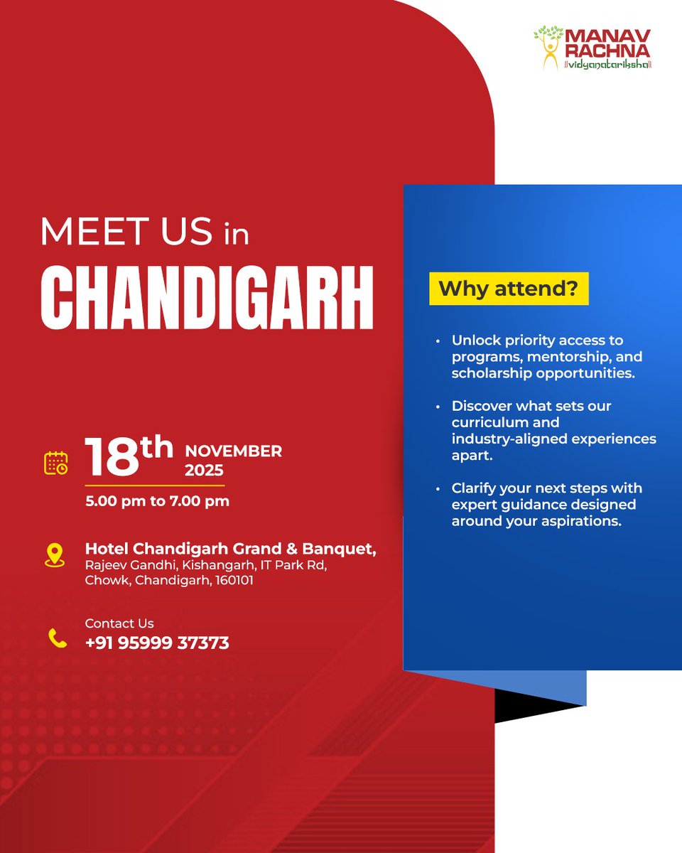 manav_rachna's tweet image. 𝐂𝐡𝐚𝐧𝐝𝐢𝐠𝐚𝐫𝐡, 𝐰𝐞’𝐫𝐞 𝐜𝐨𝐦𝐢𝐧𝐠 𝐜𝐥𝐨𝐬𝐞𝐫 𝐭𝐨 𝐲𝐨𝐮𝐫 𝐚𝐬𝐩𝐢𝐫𝐚𝐭𝐢𝐨𝐧𝐬.

Meet our team on 𝟏𝟖𝐭𝐡 𝐍𝐨𝐯𝐞𝐦𝐛𝐞𝐫 and explore how the 𝐄𝐚𝐫𝐥𝐲 𝐀𝐝𝐯𝐚𝐧𝐭𝐚𝐠𝐞 𝐑𝐨𝐮𝐧𝐝 can open doors to priority admissions, mentorship and scholarship pathways!…