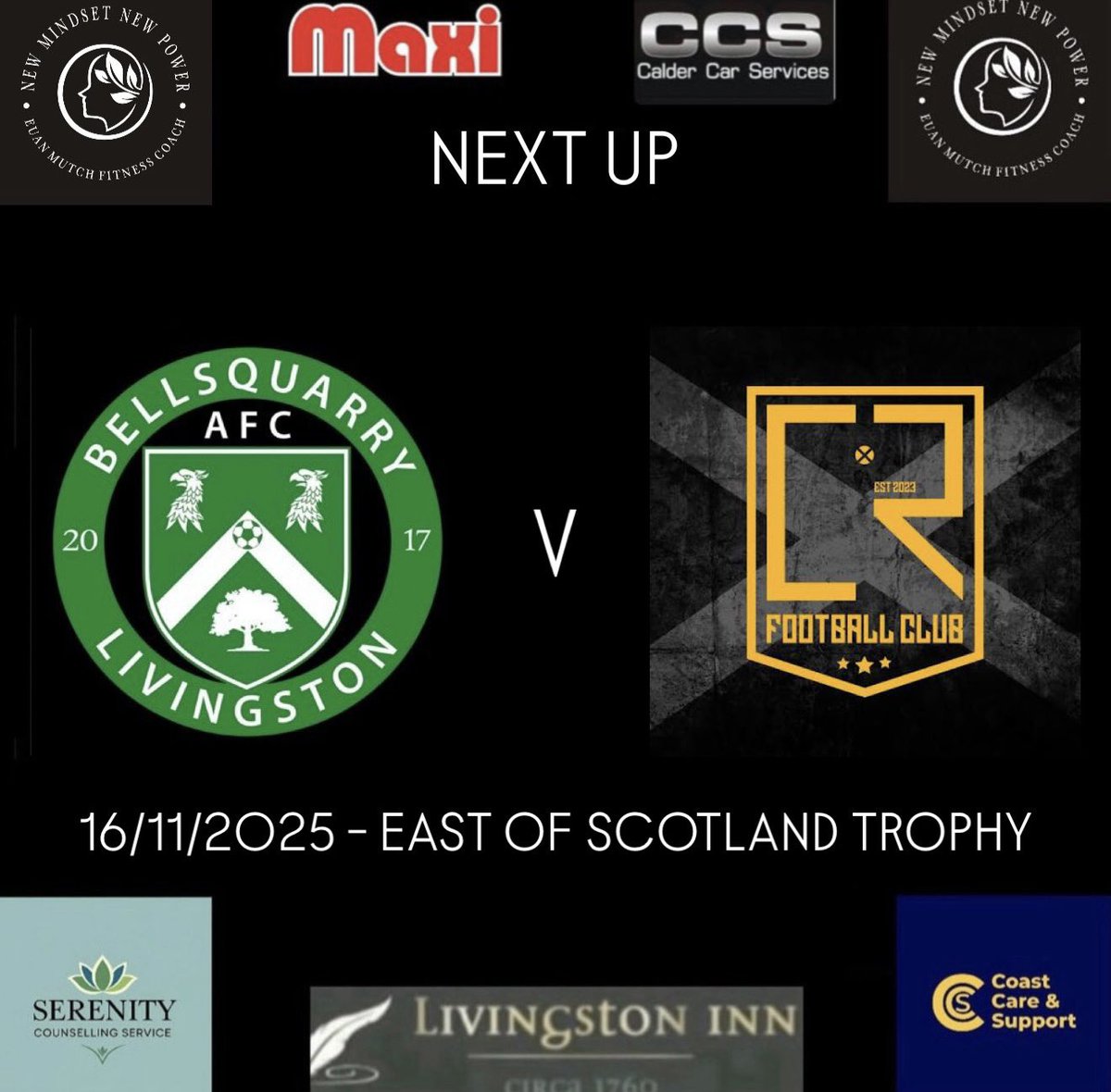 Tomorrow’s game sees the Quarry men continue in the East of Scotland trophy - welcoming CR FC from up north in the 3rd round.

⏰ - 1:30pm Kick Off
📍 - James Young High School, EH54 6NE
🏆 - East of Scotland Trophy - round 3