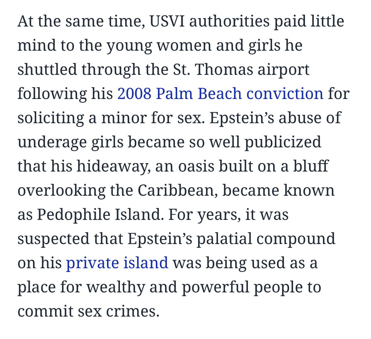 “For two decades, the US Virgin Islands’ most prominent gov officials—as well as their pet charities, ed institutions, and causes—we’re paid millions by Jeffrey Epstein in the form of salaries… &amp; consultant fees.

HIS MOST TRUSTED EMPLOYEE WAS THE US TERRITORY’S 1ST LADY.”