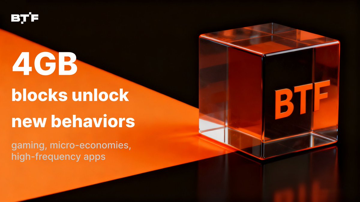 BTF_TBC's tweet image. 4GB blocks are not “bigger Bitcoin.”

They are *structural permission* for high-frequency culture, gaming loops, micro-economies, and real-time incentives.

Space creates behavior.
#SmartContracts #BitcoinLayer2