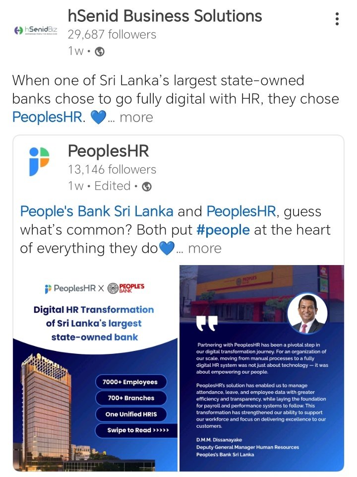 jawfer_ishaq's tweet image. hSenid Business Solutions (PeoplesHR) is now powering major organisations:

• Cinnamon Hotels &amp;amp; Resorts – unified HR
• People’s Bank – digital HR upgrade
• KELLS – streamlined HR workflows

A strong push toward HR digitalisation in Sri Lanka.

#HRTech #hSenidBiz #PeoplesHR