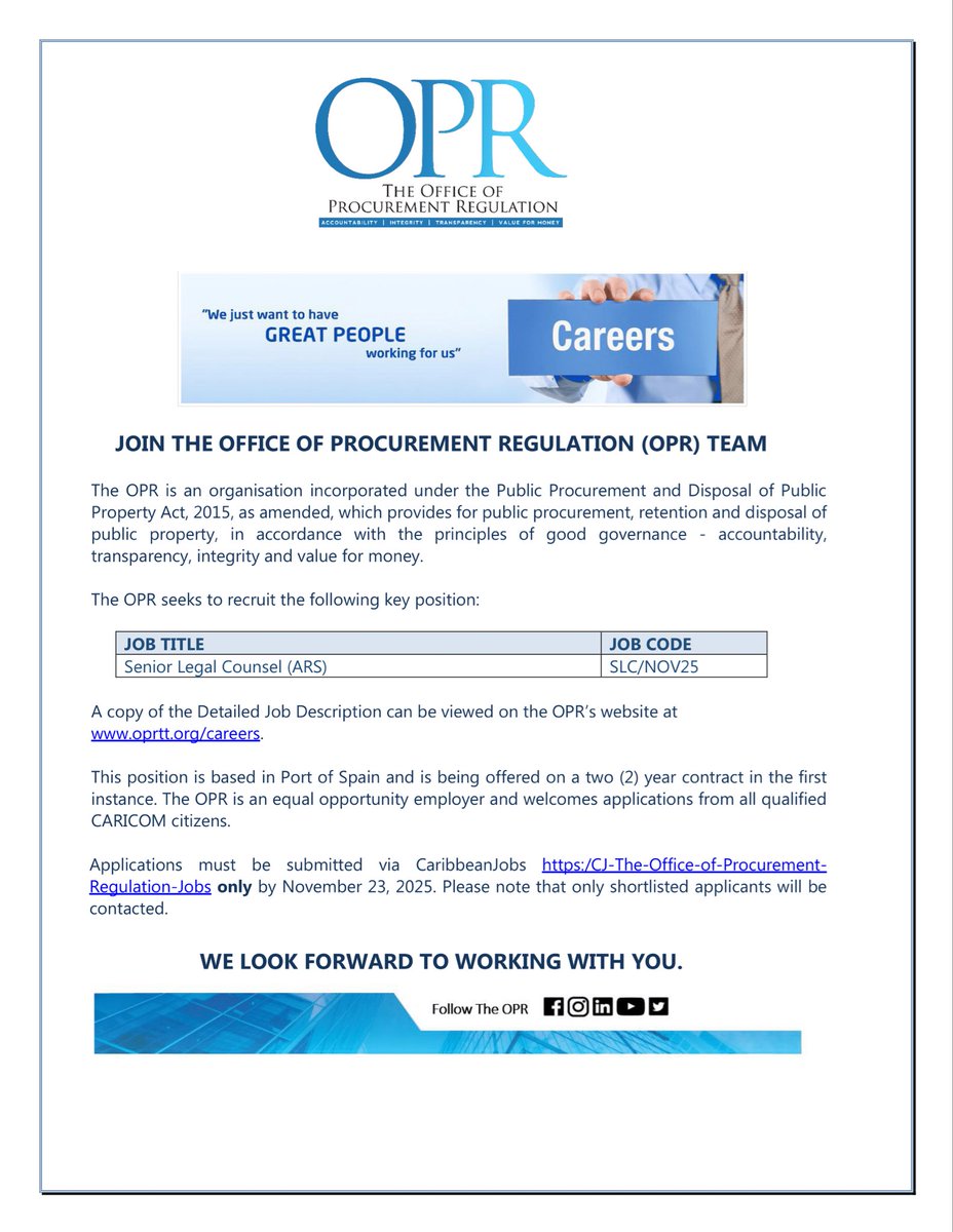 TheOPRTT's tweet photo. 🚨 Career Opportunities at the OPR! 💼
Find full job description on our website:
👉 https://t.co/IFs05F9sib
Applications must be submitted only via CaribbeanJobs by November 23, 2025.
🔗 https://t.co/4vN10Bkjp8…
(Only shortlisted applicants will be contacted.) https://t.co/bVqxepME2H