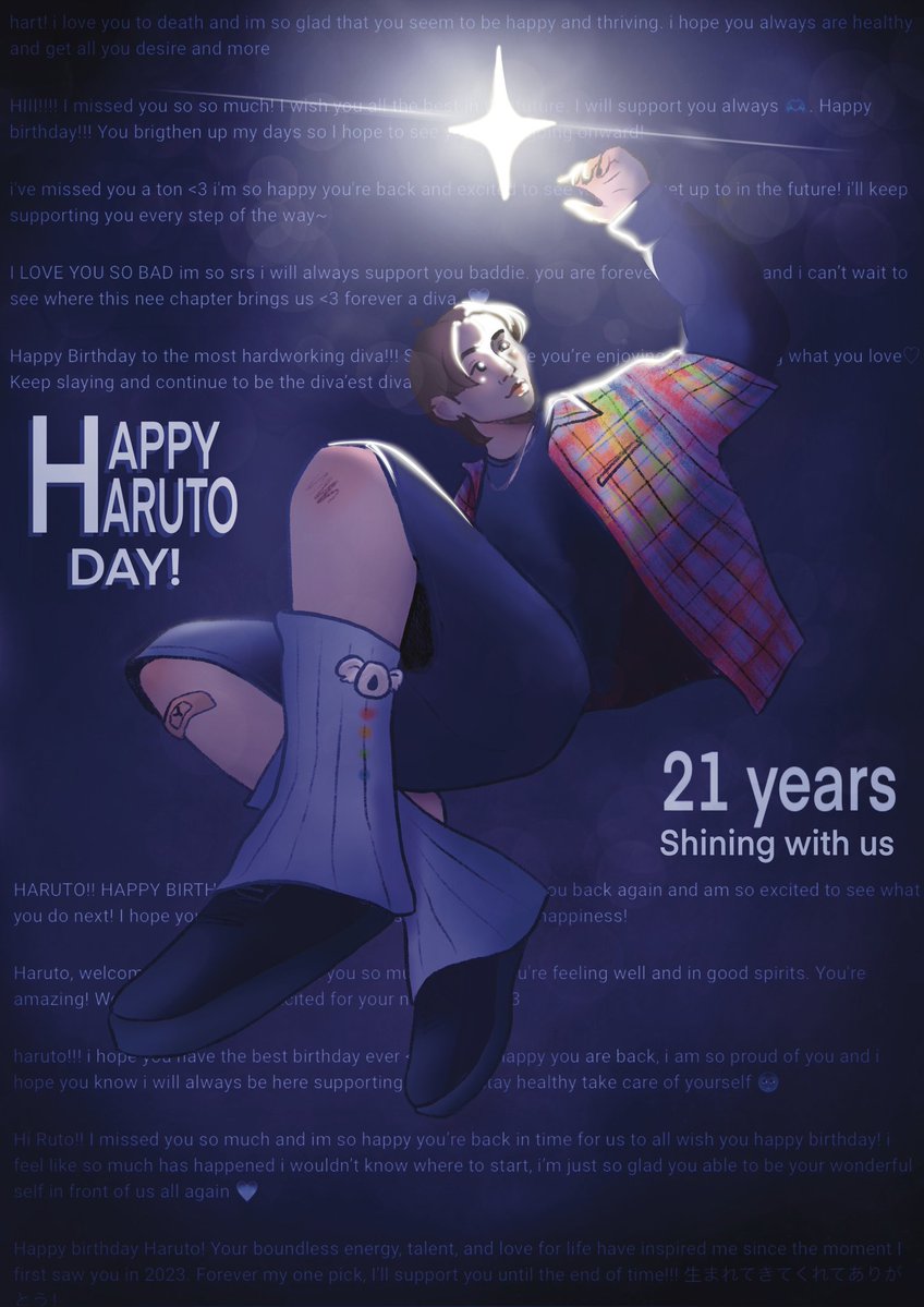 ElLeodowaldo's tweet image. HAPPY BIRTHDAY HARUTO!! 🎉

As last year, an artwork made with love, but this time, surrounded by lovely messages from fans✨

I hope you stay happy and healthy for a long time, we missed you a lot 🫶🏻

(Full messages in the comments) #haruto #maeda #Feliz_Cumpleaños_Harutortilla