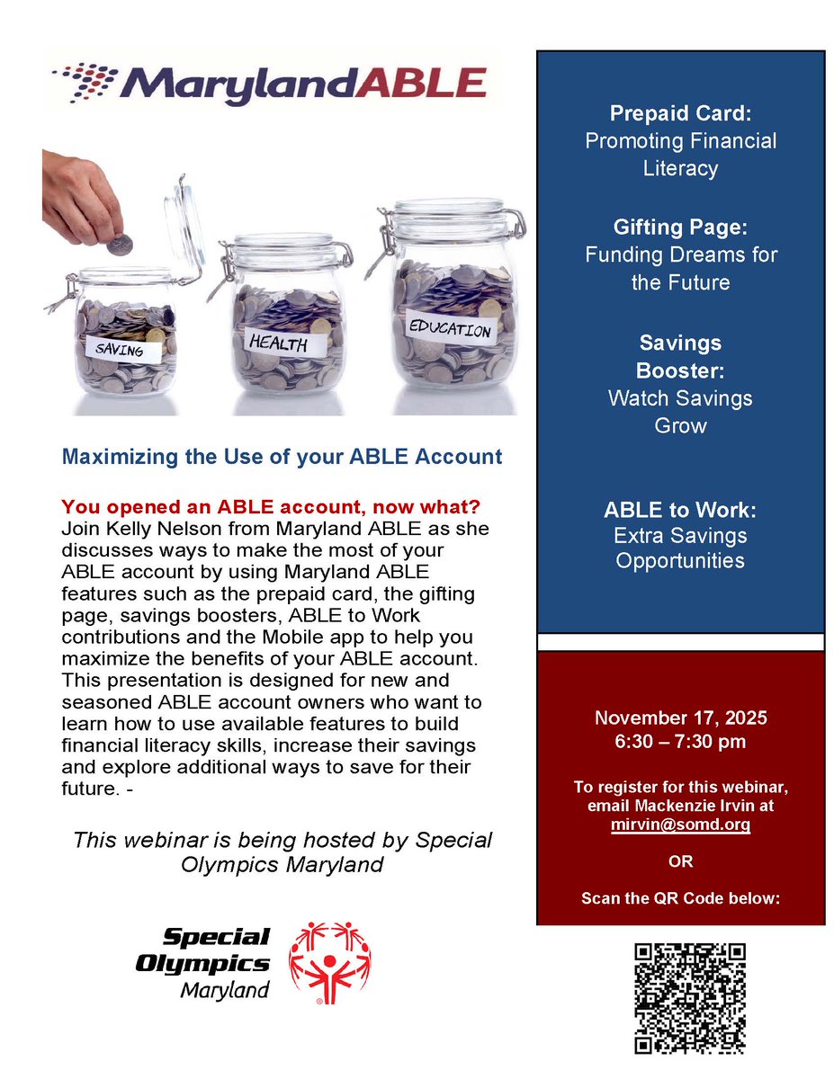 Are you maximizing the benefits of your ABLE account? Join us on November 17th to learn how to use account features to build financial literacy skills, increase your savings, and explore additional ways to save for your future.