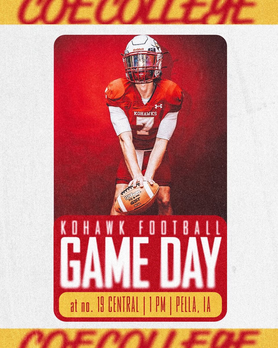 🏈<a href="/KohawksFootball/">Coe College Football</a> Gameday❗️

 @ no. 19 Central
⏰1 PM
📍Pella, Iowa
📺tinyurl.com/CoeSportsLinks
📊tinyurl.com/CoeSportsLinks

#KohawkNation