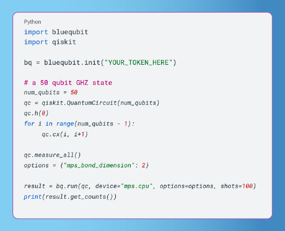 BlueQubitIO's tweet image. 🧩 Try our #MPS simulators - scale past 34 qubits
Simulate hundreds of qubits (even more) for low-entanglement circuits - accurately and fast.
The attached visual shows a 50-qubit run 💥
Start here: app.bluequbit.io/sdk-docs/index…
#BlueQubit #MPS #Qiskit #Python #QuantumSimulation…