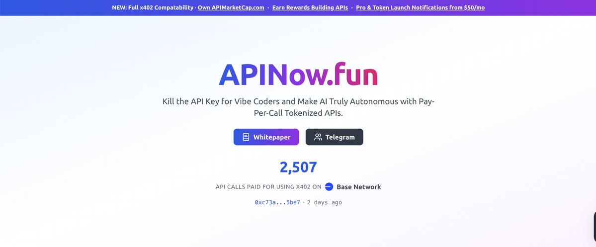 ShivangKamboj12's tweet image. 6/
API Now (@apinowfun )
Tokenised API economy for AI agents.

Founded by Chris Dolinski (@1dolinski ).

&amp;gt; APIs become on-chain resources
&amp;gt; Agents pay per API call directly from Base
&amp;gt; Developers get revenue share per usage
&amp;gt; SDK + registry + tokenised API units

Why to watch: If…