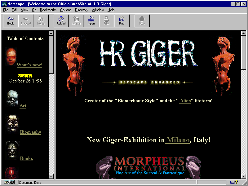 WebDesignMuseum's tweet image. H. R. Giger website in 1996 in Netscape Navigator 2.0

#WebDesignHistory