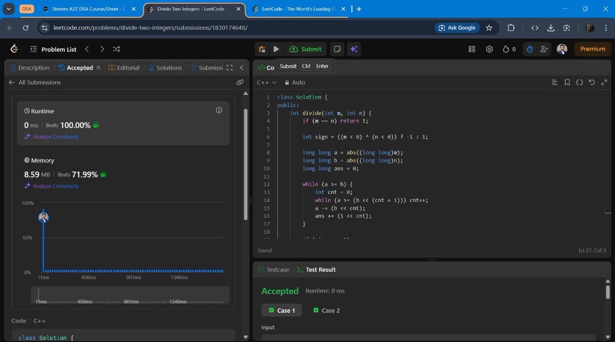 Harsh477011's tweet photo. 🎯 Day 100 of #100DaysOfDSA
Solved LC 29 – Divide Two Integers

Time Complexity: O(log N)
Space Complexity: O(1)

Feeling proud to complete 100 days of consistency! 💯🔥
#LeetCode #DSA #CodingJourney #Milestone https://t.co/dgjkDPP0CC
