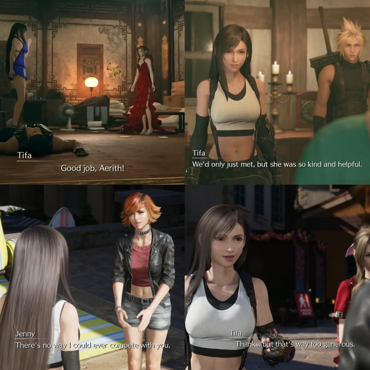 Can we talk about how Tifa is all the time appreciating, complimenting and supporting every girl she meets? Even those who are mean to and jealous of her? 

She is so sweet and caring and beautiful ❣️