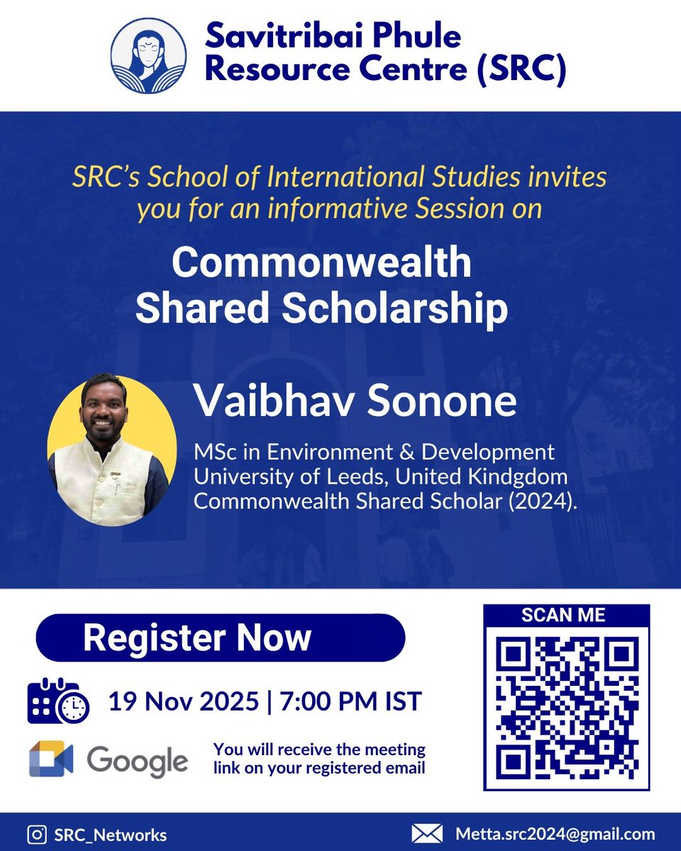 Join us for an informative session on the Commonwealth Shared Scholarship!

📅 19 Nov 2025 | ⏰ 7–8 PM IST
Speaker: Vaibhav Sonone (Commonwealth Scholar, Univ. of Leeds)

Register Here : forms.gle/ecy4ciMiFSt33m…