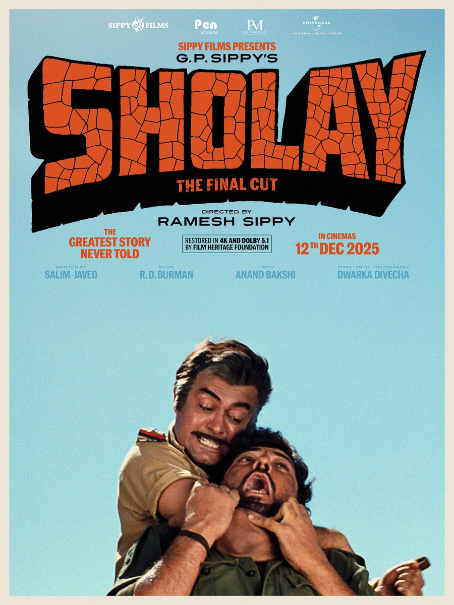 Whoa!

#Sholay - #TheFinalCut restored by <a href="/FHF_Official/">Film Heritage Foundation</a> in 4K with the original ending being seen for the first time, is finally slated to release in 1500 screens across India on Dec 12th.

<a href="/rgsippy/">Ramesh Sippy</a> <a href="/luvsalimkhan/">Salim Khan</a> <a href="/Javedakhtarjadu/">Javed Akhtar</a> <a href="/SrBachchan/">Amitabh Bachchan</a> <a href="/aapkadharam/">Dharmendra Deol</a> #SanjeevKumar