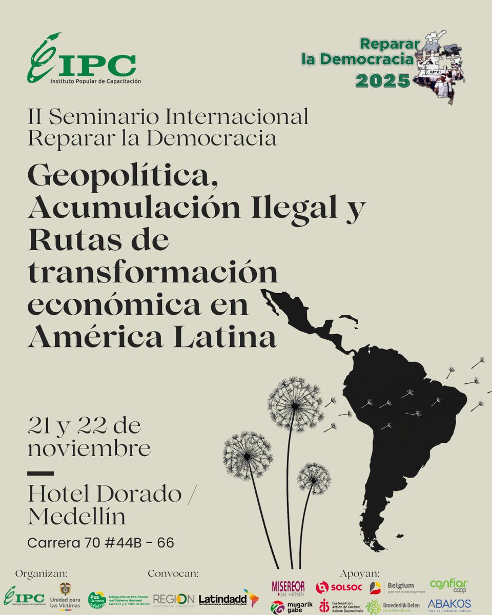#Seminario | Nos vemos este 21 y 22 de noviembre en este encuentro internacional para conversar sobre  economías populares y comunitarias, rentas criminales, y Decolonización de la cooperación. 

Conoce más en: ipc.org.co/ii-seminario-i…