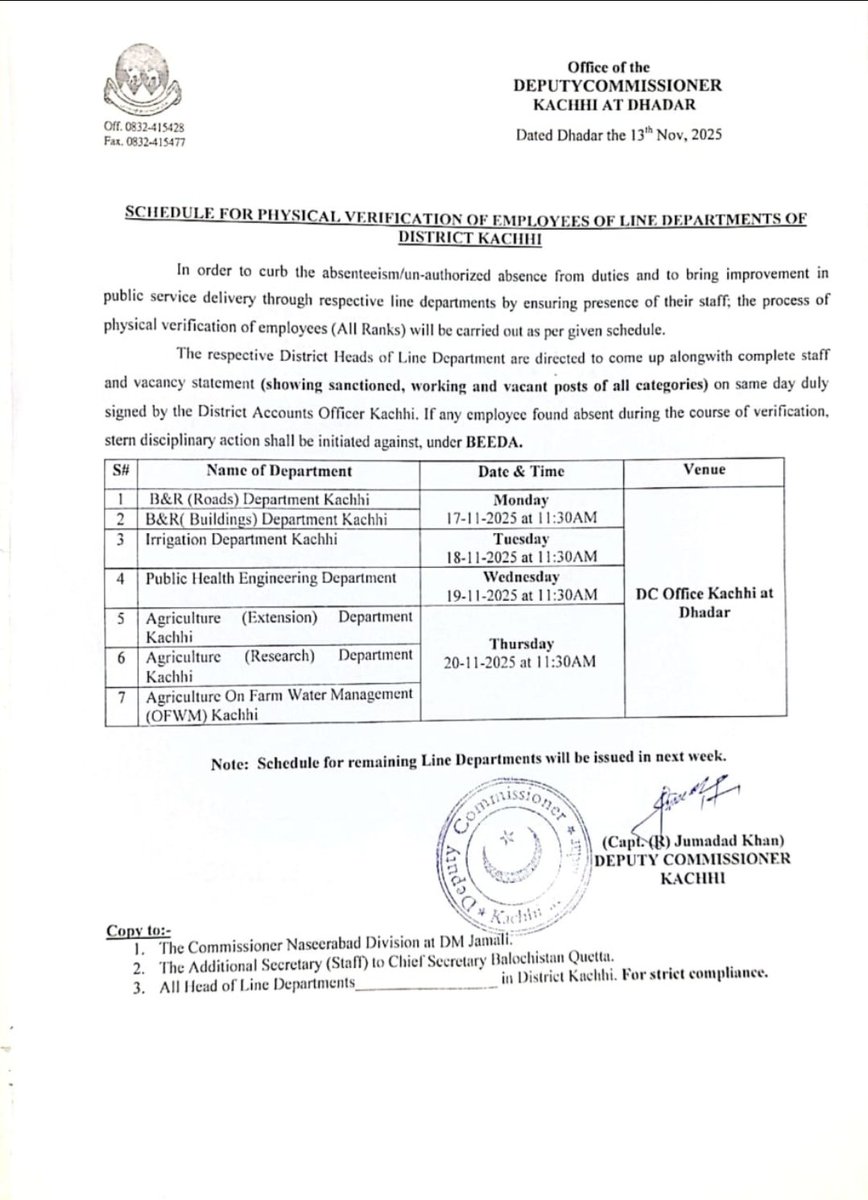 ضلع کچھی کے سرکاری ملازمین کی ویری فکیشن کا عمل شروع مقصد غیر حاضر ملازمین کی حاضری یقینی بنانا ہے۔۔۔
ڈپٹی کمشنر کچھی کیپٹن ریٹائرڈ جمعہ داد خان مندوخیل