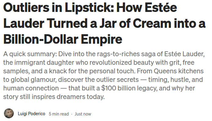 poderico's tweet image. Outliers in Lipstick: How Estée Lauder Turned a Jar of Cream into a Billion-Dollar Empire 
medium.com/p/outliers-in-…