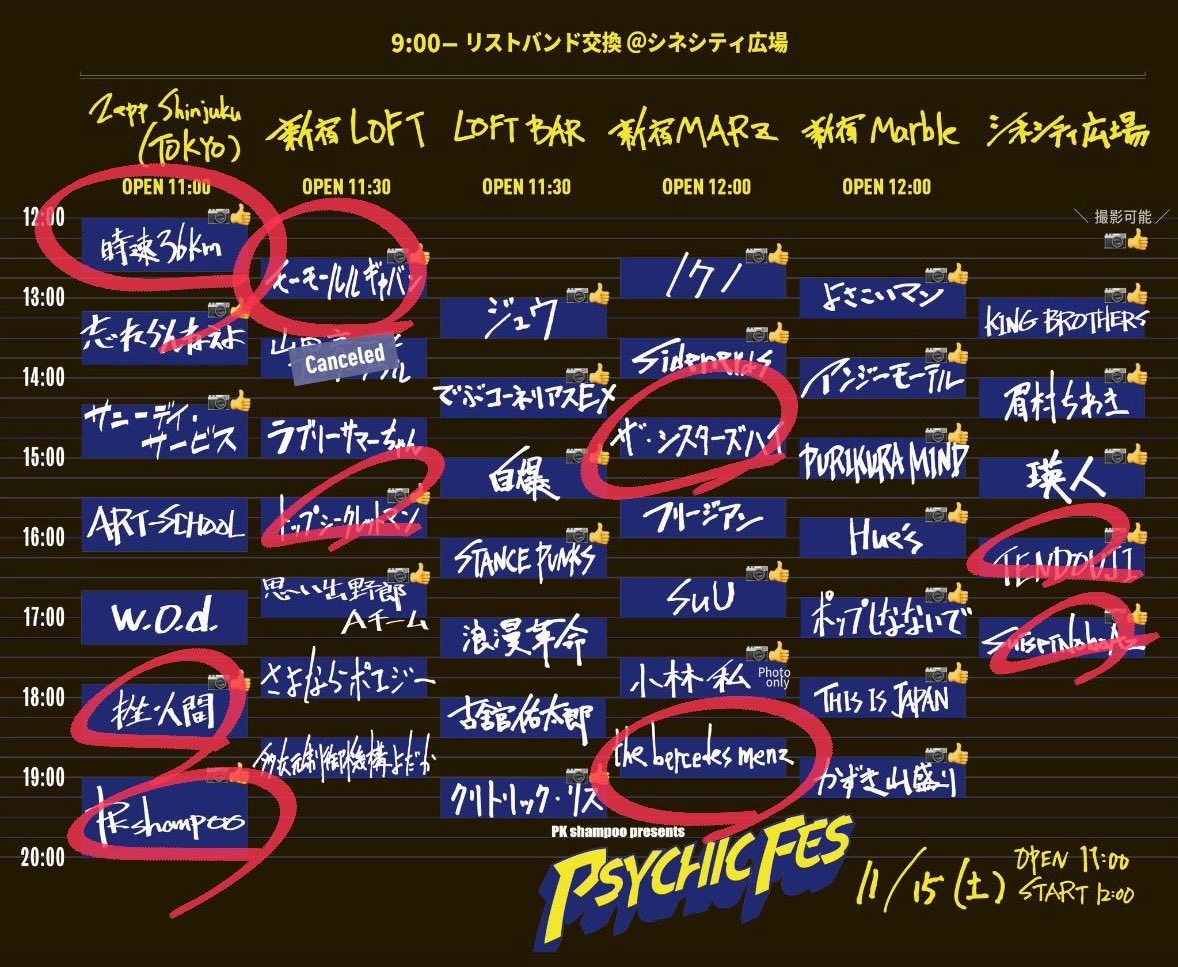 今日みたバンドたち！規制かかってみれずのバンドもあったけどまたいつかの機会にみにいきたいです🎶 楽しかったー！