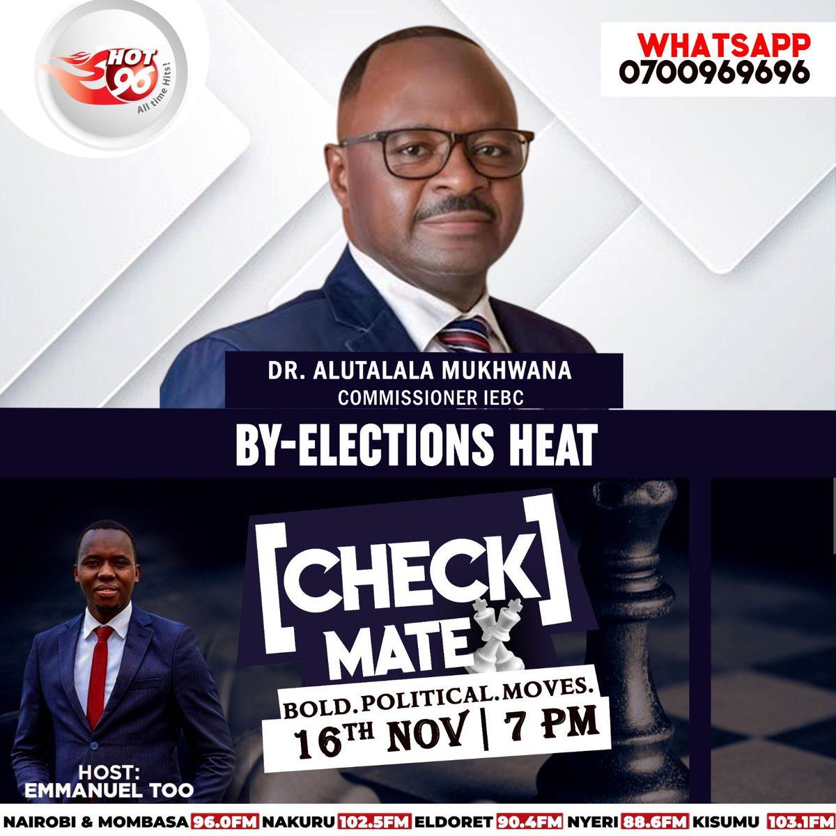 Hot_96Kenya's tweet photo. Tomorrow night on #CheckmateOnHot, we break down the heat behind Kenya’s by-elections.
From violent campaign scenes to the slow and worrying voter registration process.
IEBC Commissioner Dr. Alutalala Mukhwana joins Emmanuel Too for a bold conversation you can’t afford to miss. https://t.co/AQ7DdqlEuN