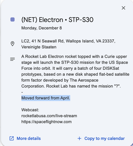 $RKLB electron launch for US Space Force is moved forward to 8th Dec from April