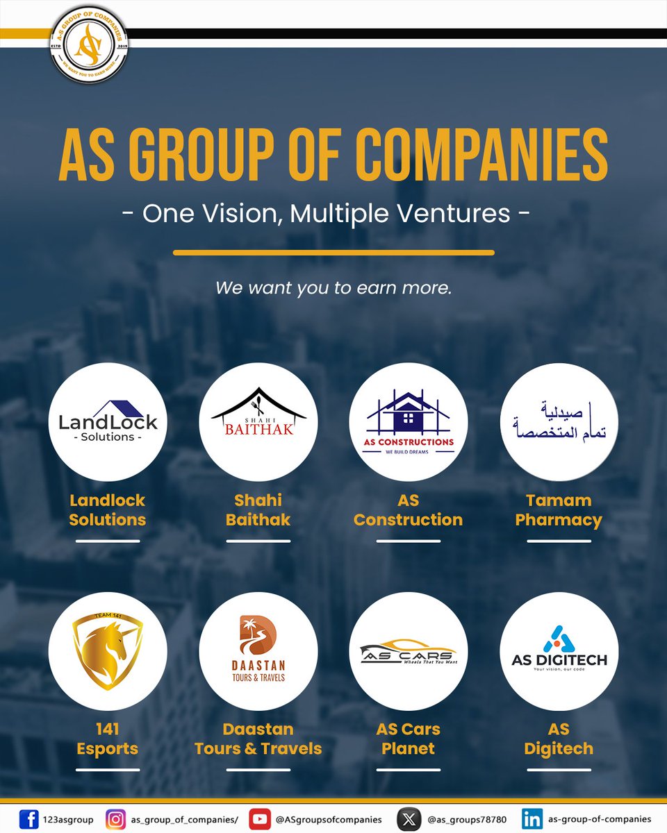 as_groups78780's tweet photo. AS Group of Companies — One Vision, Multiple Ventures
"We Want You To Earn More"
Our Business Portfolio:
• AS Car Planet
• Shahi Baithak
• AS Digitech
• E-Gaming
• Landlock Solutions
• Pharmacy – Saudi Arabia
• Daastan Tours & Travels
• AS Constructions
#asgroup https://t.co/bQ0D4P6iLT