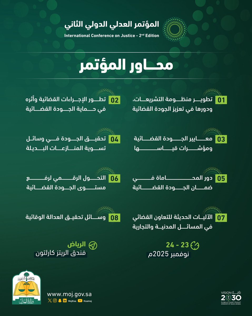 برعاية سمو ولي العهد –حفظه الله– ينطلق #المؤتمر_العدلي_الدولي_الثاني عبر ثمانية محاور متخصصة تستشرف مستقبل الجودة القضائية بمشاركة خبراء من أكثر من 40 دولة.

كن جزءًا من صناعة مستقبل العدالة:
📍 الرياض – فندق الريتز كارلتون
🗓️ ٢٣–٢٤ نوفمبر ٢٠٢٥
🔗 سجّل الآن: (