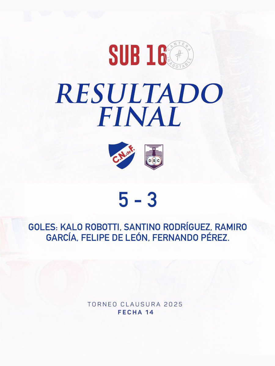 CNdeFformativas's tweet image. Final del partido en Sub 16

✅ Victoria 5 - 3 🆚 Defensor

#CanteraInagotable
#ElClubGigante 🔵⚪️🔴