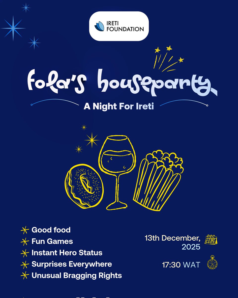 The Ireti Foundation Fundraiser is back! 

You’re invited to Fola’s Houseparty: “A Night with Ireti.”

This isn't just a fundraiser; it's where joy meets purpose, and giving feels like coming home.

DM to get your invite or partner with us.

#folahouseparty #nightwithireti