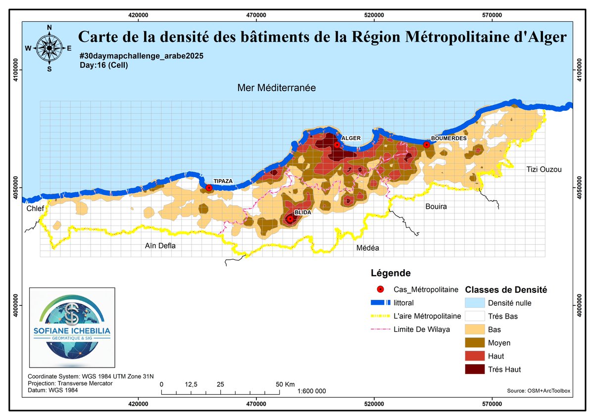 #30daymapchallenge
#30daymapchallenge2025
#30daymapchallenge_arabe2025
Day:16 (Cell)
Carte de la densité des bâtiments de la Région Métropolitaine d'Alger