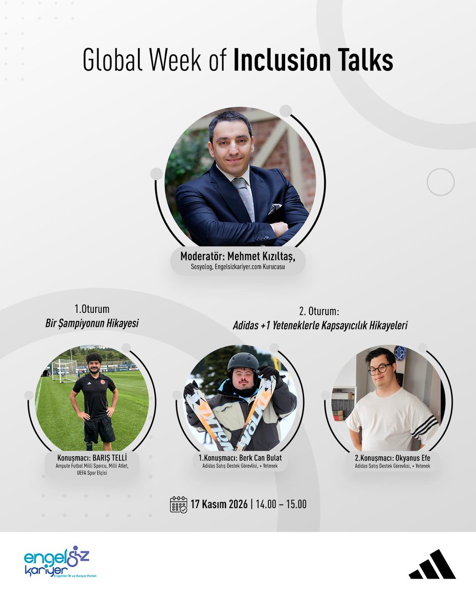 🌍 Kapsayıcılık bir kavram değil, her gün seçtiğimiz bir kültür. 17 Kasım’da #GlobalWeekOfInclusion için adidas x <a href="/engelsizkariyer/">Engelsiz Kariyer</a> işbirliği ile sporun dönüştürücü gücünü birlikte kutluyoruz.
🏆 Barış Telli
🏂 Berk Can Bulat
🎵 Okyanus Efe

#DEIA #Kapsayıcılık #Sürdürülebilirlik